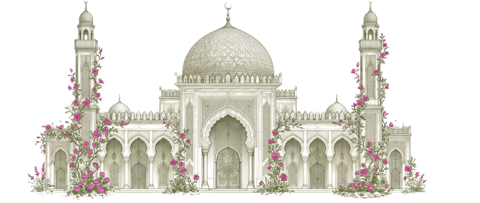 Mosquée aux arches délicates, dessinée à l’encre olive